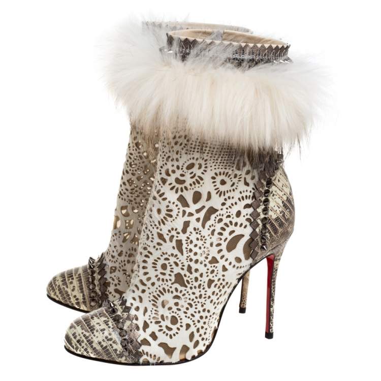 Pre Owned Christian Louboutin Calf Hair And Lizard Skin Tootsie Ankle Boots Size 37