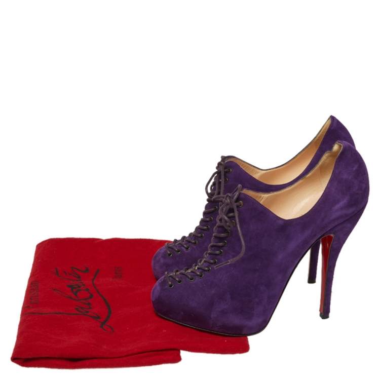 Pre Owned Christian Louboutin Purple Suede Lace Up Platform Booties Size 38.5
