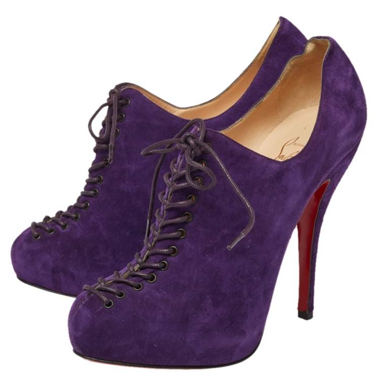 Pre Owned Christian Louboutin Purple Suede Lace Up Platform Booties Size 38.5