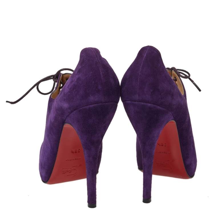 Pre Owned Christian Louboutin Purple Suede Lace Up Platform Booties Size 38.5