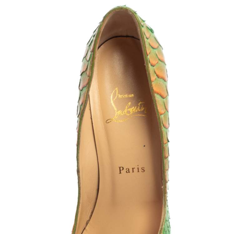 Pre Owned Christian Louboutin Green/Orange Python Very Prive Peep Toe Pumps Size 40