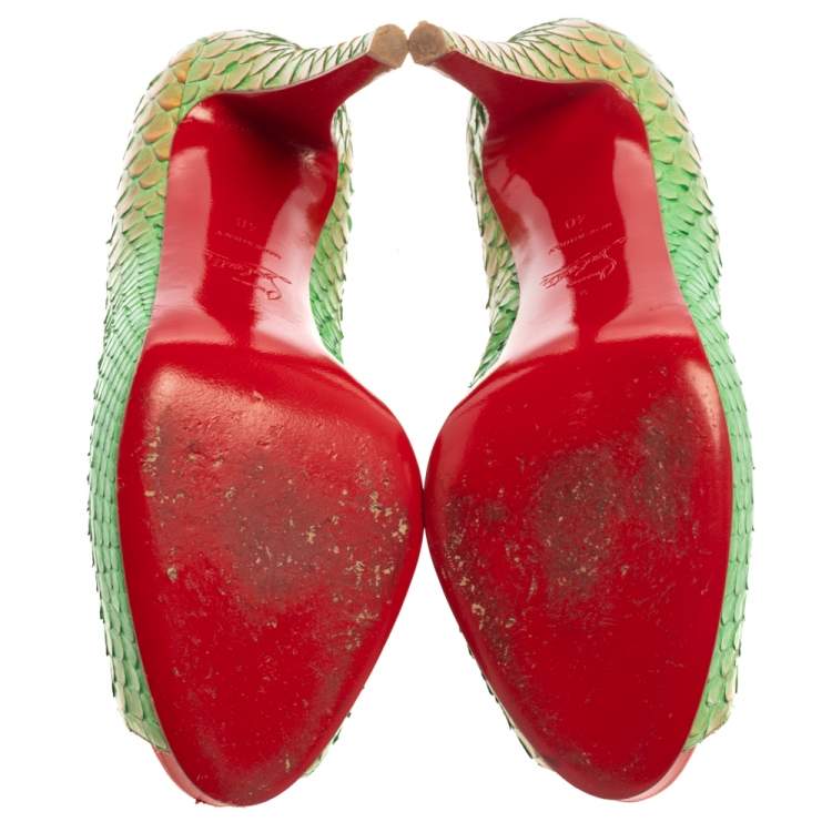 Pre Owned Christian Louboutin Green/Orange Python Very Prive Peep Toe Pumps Size 40
