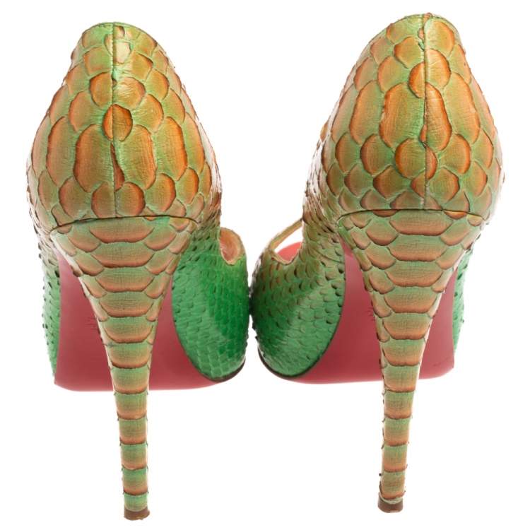 Pre Owned Christian Louboutin Green/Orange Python Very Prive Peep Toe Pumps Size 40