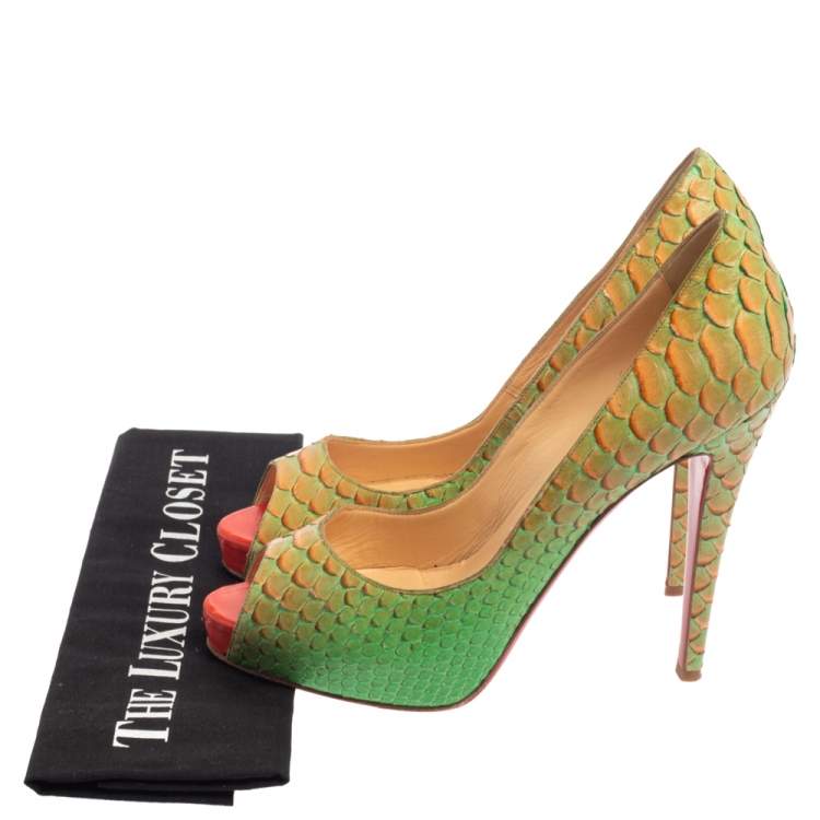 Pre Owned Christian Louboutin Green/Orange Python Very Prive Peep Toe Pumps Size 40