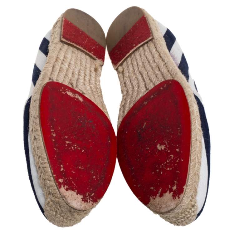 Pre Owned Christian Louboutin Blue/White Striped Canvas Galia Espadrille Flats Size 35
