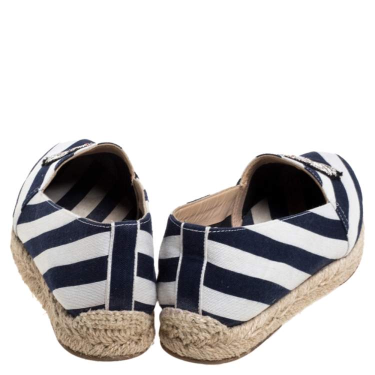 Pre Owned Christian Louboutin Blue/White Striped Canvas Galia Espadrille Flats Size 35