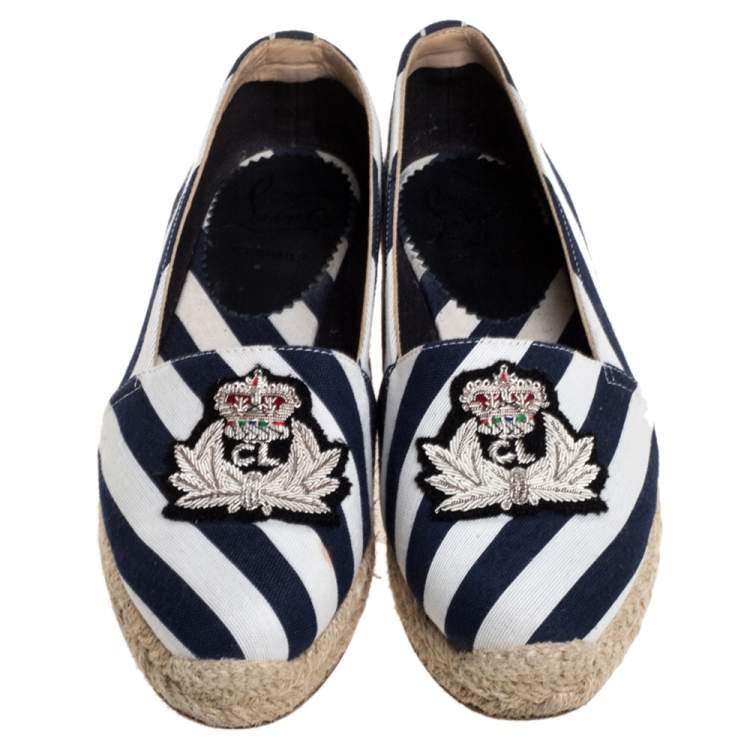 Pre Owned Christian Louboutin Blue/White Striped Canvas Galia Espadrille Flats Size 35
