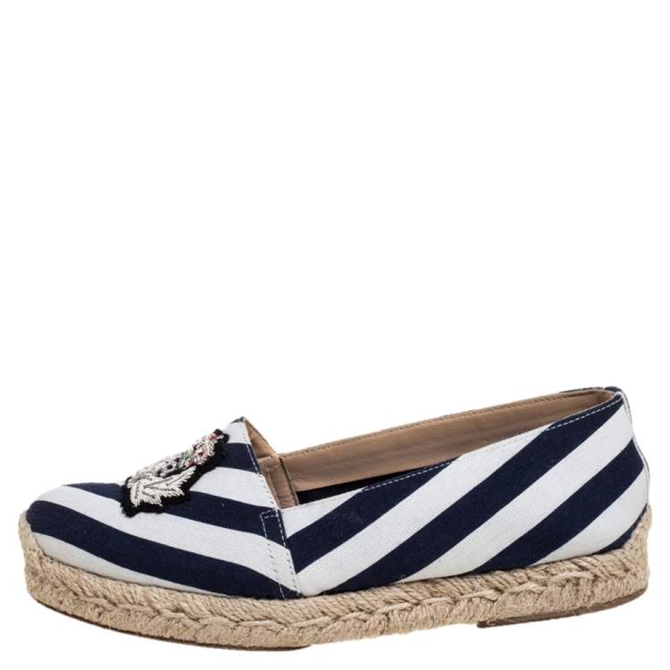 Pre Owned Christian Louboutin Blue/White Striped Canvas Galia Espadrille Flats Size 35