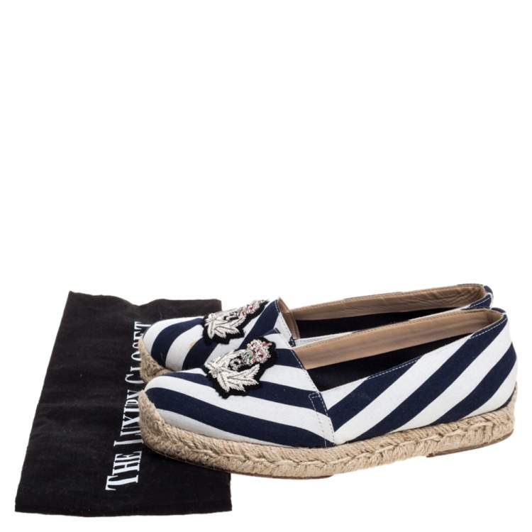 Pre Owned Christian Louboutin Blue/White Striped Canvas Galia Espadrille Flats Size 35