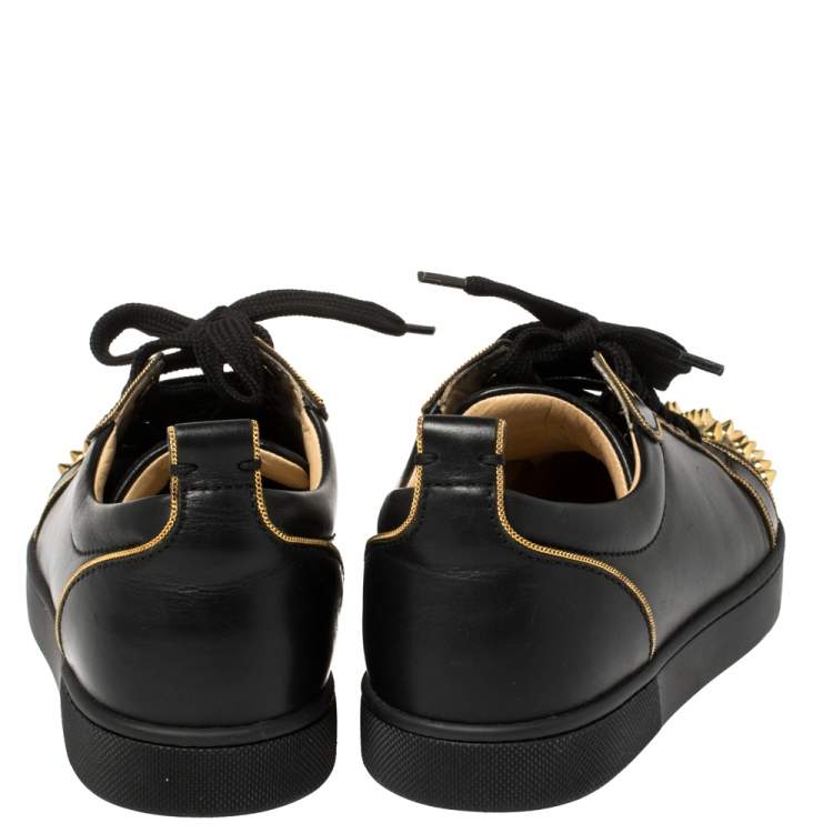 Pre Owned Christian Louboutin Black Leather Louis Junior Spikes Low Top Sneakers Size 35