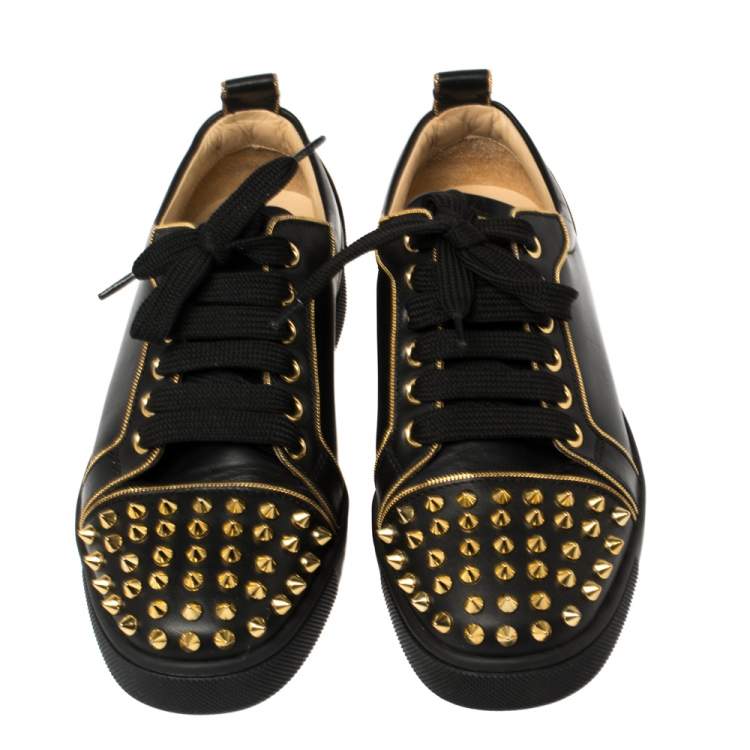 Pre Owned Christian Louboutin Black Leather Louis Junior Spikes Low Top Sneakers Size 35