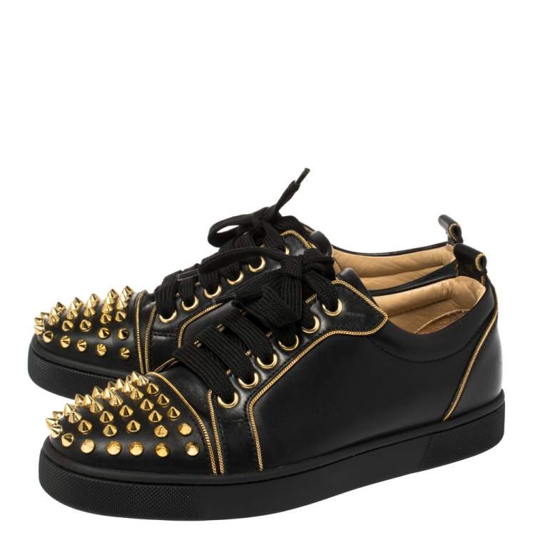 Pre Owned Christian Louboutin Black Leather Louis Junior Spikes Low Top Sneakers Size 35