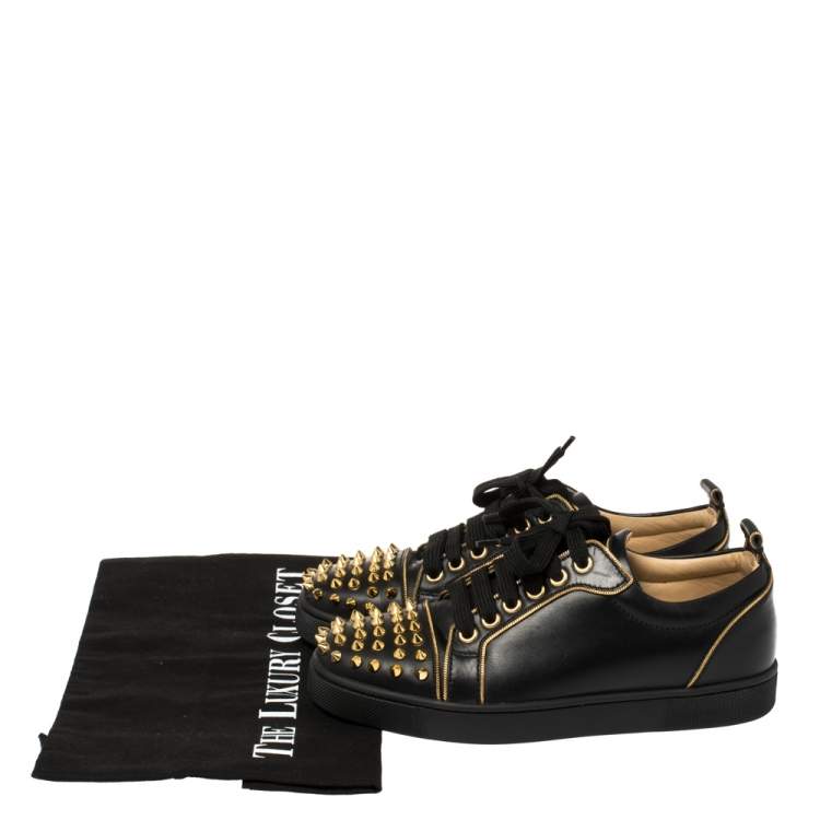 Pre Owned Christian Louboutin Black Leather Louis Junior Spikes Low Top Sneakers Size 35