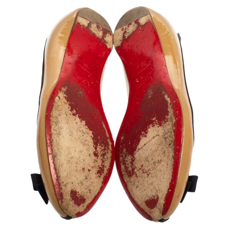 Pre Owned Christian Louboutin Beige Patent Leather Balinodono Bow Ballet Flats Size 38