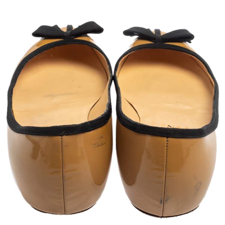 Pre Owned Christian Louboutin Beige Patent Leather Balinodono Bow Ballet Flats Size 38