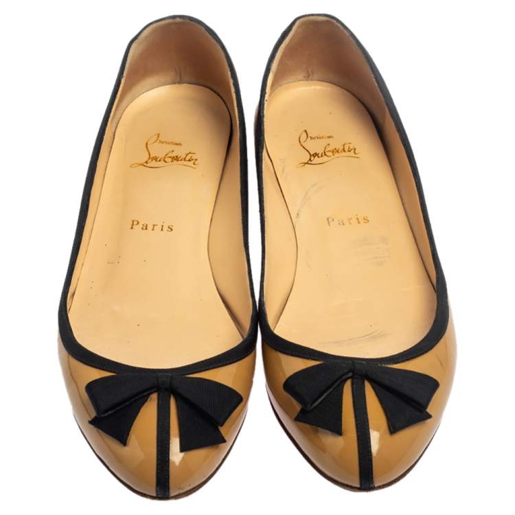 Pre Owned Christian Louboutin Beige Patent Leather Balinodono Bow Ballet Flats Size 38