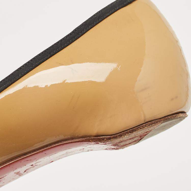 Pre Owned Christian Louboutin Beige Patent Leather Balinodono Bow Ballet Flats Size 38