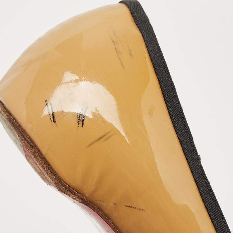 Pre Owned Christian Louboutin Beige Patent Leather Balinodono Bow Ballet Flats Size 38