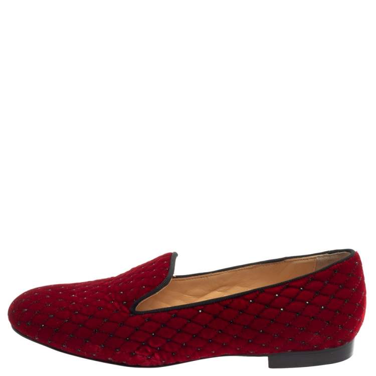 Pre Owned Christian Louboutin Red Quilted Velvet Crystal Embellished Sakouette Smoking Slippers Size 38