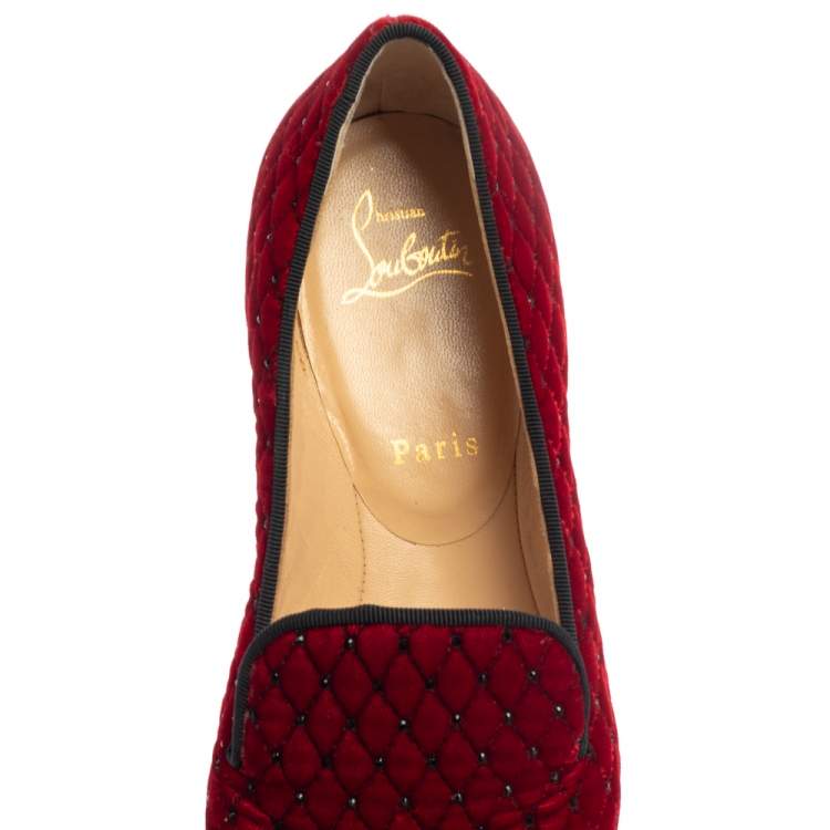 Pre Owned Christian Louboutin Red Quilted Velvet Crystal Embellished Sakouette Smoking Slippers Size 38