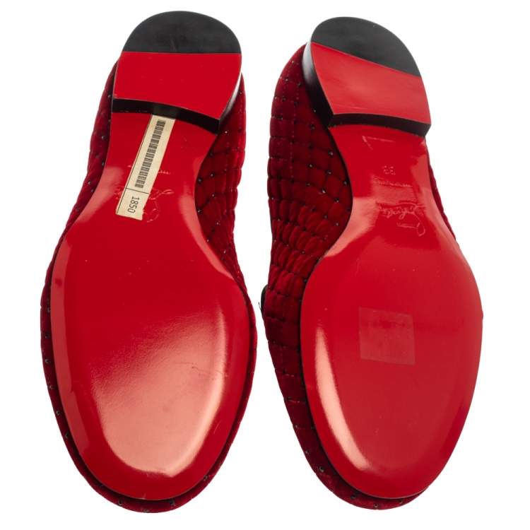 Pre Owned Christian Louboutin Red Quilted Velvet Crystal Embellished Sakouette Smoking Slippers Size 38