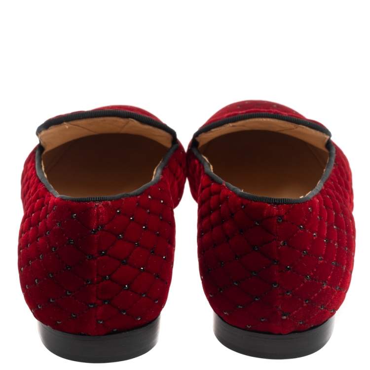 Pre Owned Christian Louboutin Red Quilted Velvet Crystal Embellished Sakouette Smoking Slippers Size 38