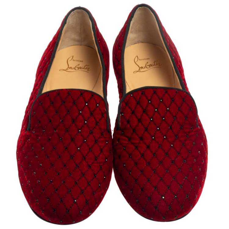 Pre Owned Christian Louboutin Red Quilted Velvet Crystal Embellished Sakouette Smoking Slippers Size 38