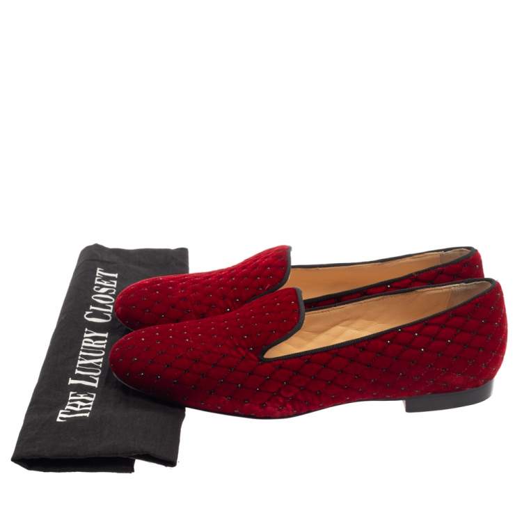 Pre Owned Christian Louboutin Red Quilted Velvet Crystal Embellished Sakouette Smoking Slippers Size 38