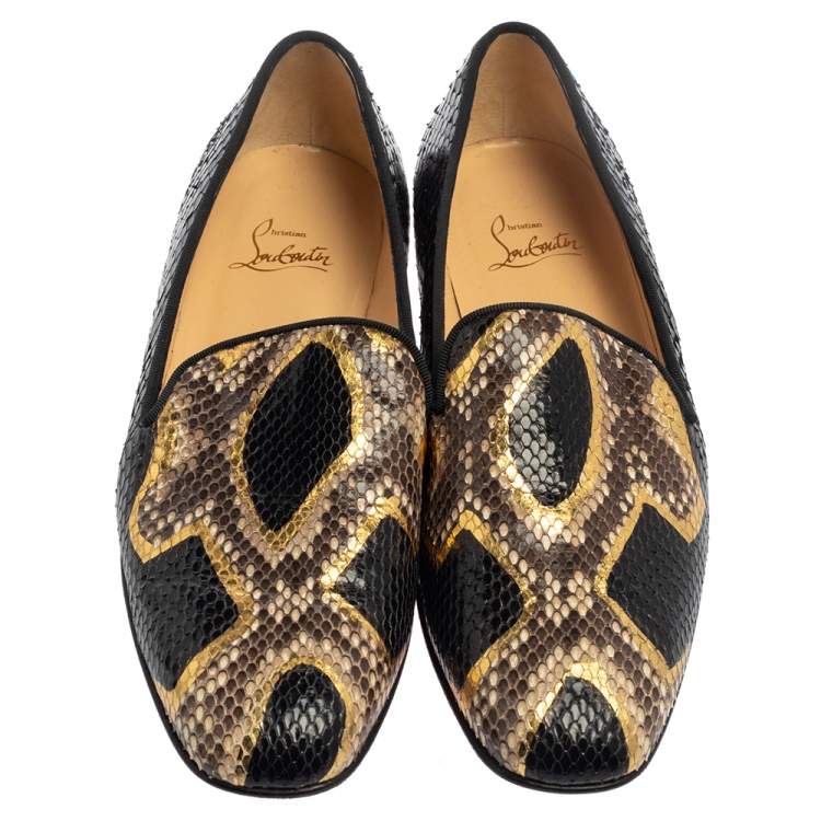 Pre Owned Christian Louboutin Black/Brown Python Leather Smoking Slippers Size 38