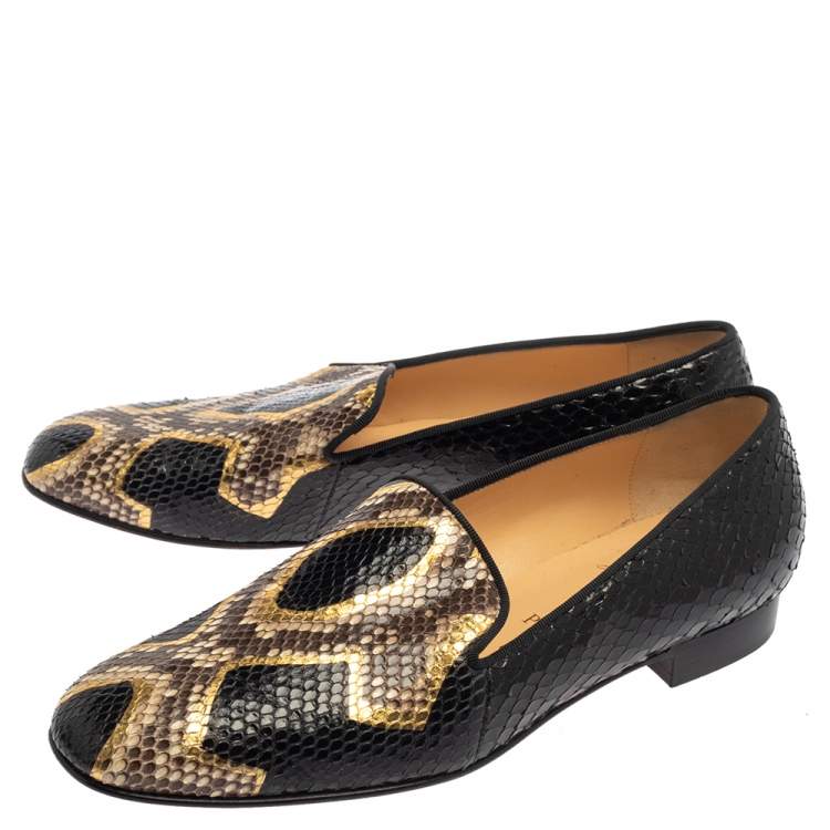 Pre Owned Christian Louboutin Black/Brown Python Leather Smoking Slippers Size 38