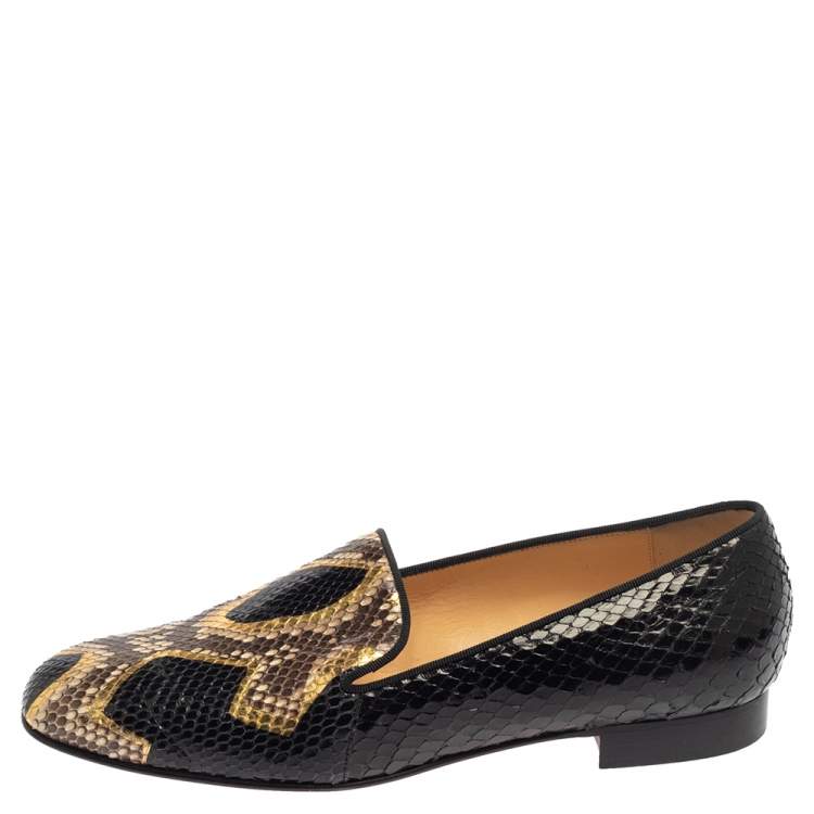 Pre Owned Christian Louboutin Black/Brown Python Leather Smoking Slippers Size 38