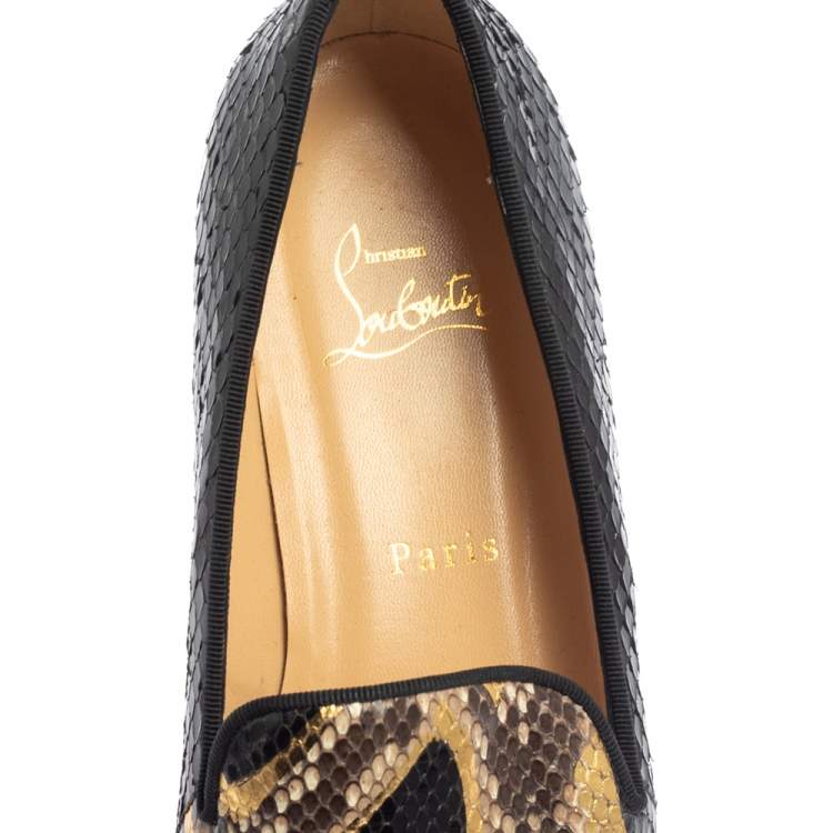 Pre Owned Christian Louboutin Black/Brown Python Leather Smoking Slippers Size 38