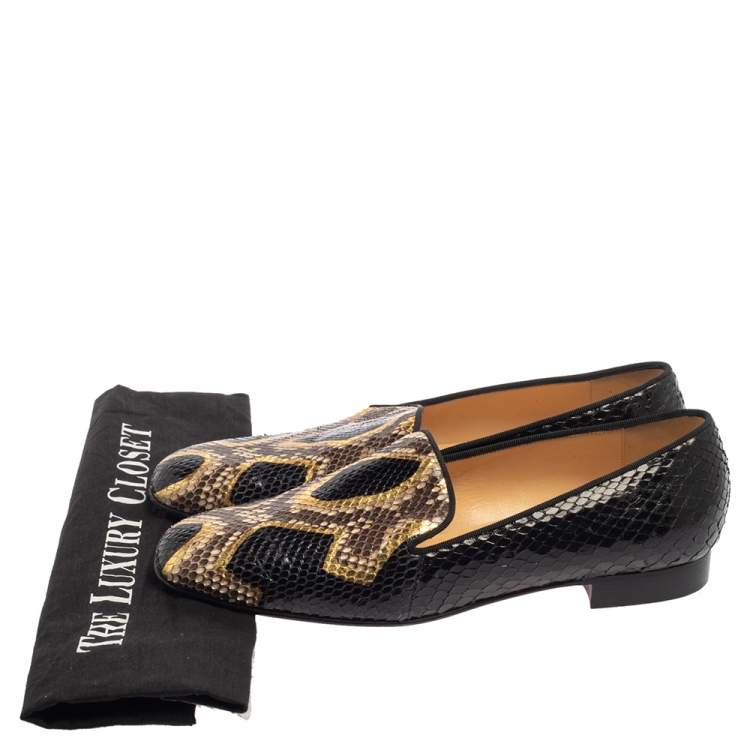 Pre Owned Christian Louboutin Black/Brown Python Leather Smoking Slippers Size 38