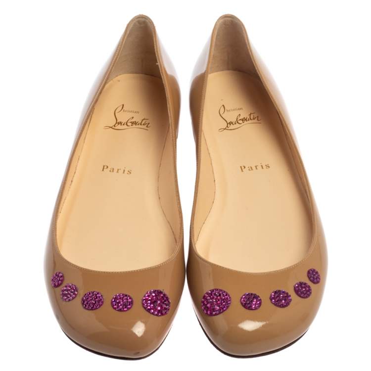 Pre Owned Christian Louboutin Beige Patent Leather Kawai Ballet Flats Size 38.5