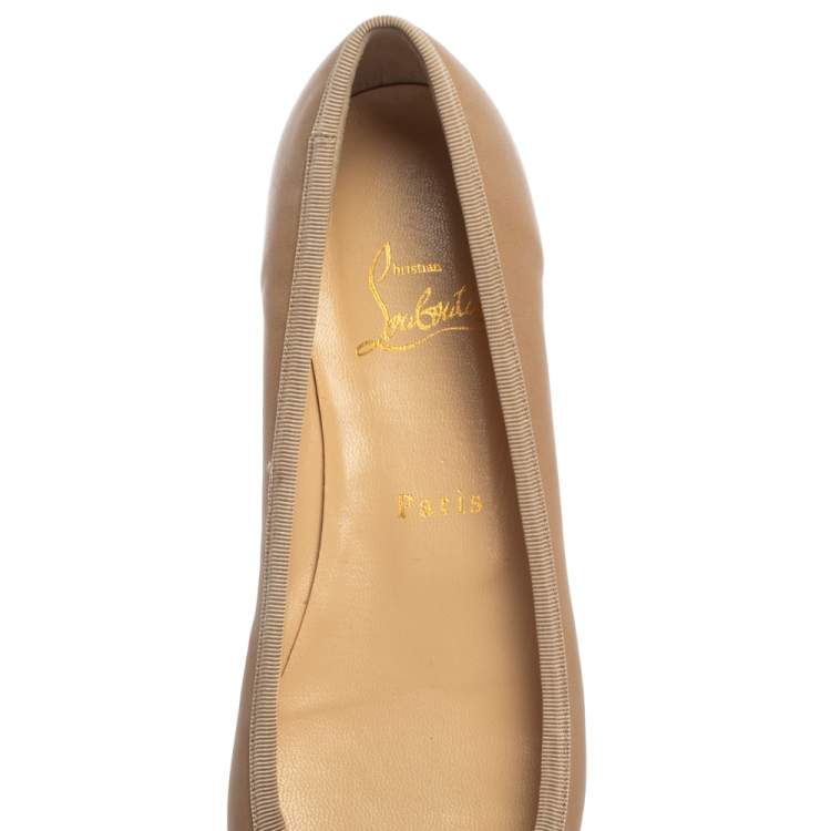 Pre Owned Christian Louboutin Beige Leather Bow Ballet Flats Size 37.5