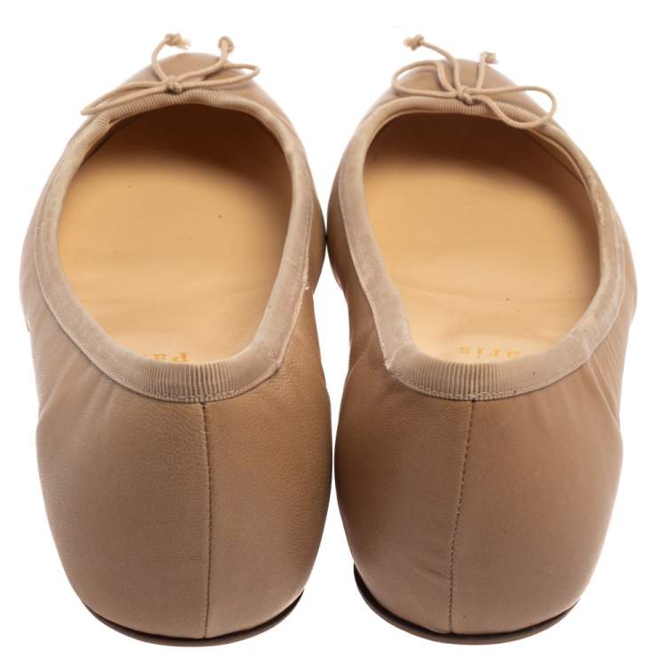 Pre Owned Christian Louboutin Beige Leather Bow Ballet Flats Size 37.5