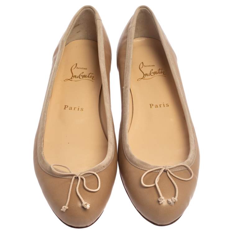 Pre Owned Christian Louboutin Beige Leather Bow Ballet Flats Size 37.5