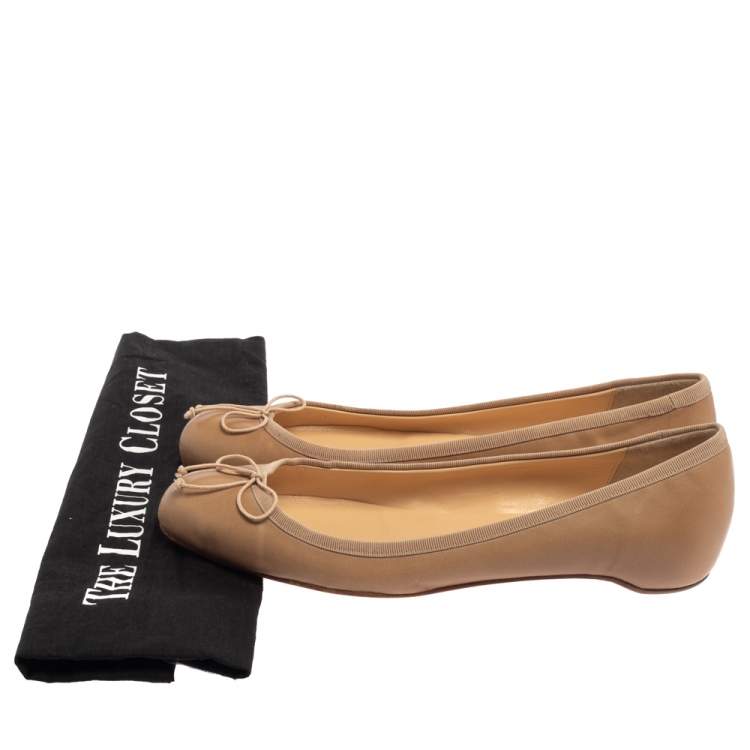 Pre Owned Christian Louboutin Beige Leather Bow Ballet Flats Size 37.5