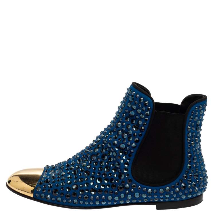 Pre Owned Giuseppe Zanotti Blue/Black Suede Studded Ankle Boots Size 38