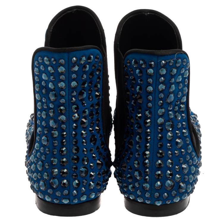 Pre Owned Giuseppe Zanotti Blue/Black Suede Studded Ankle Boots Size 38