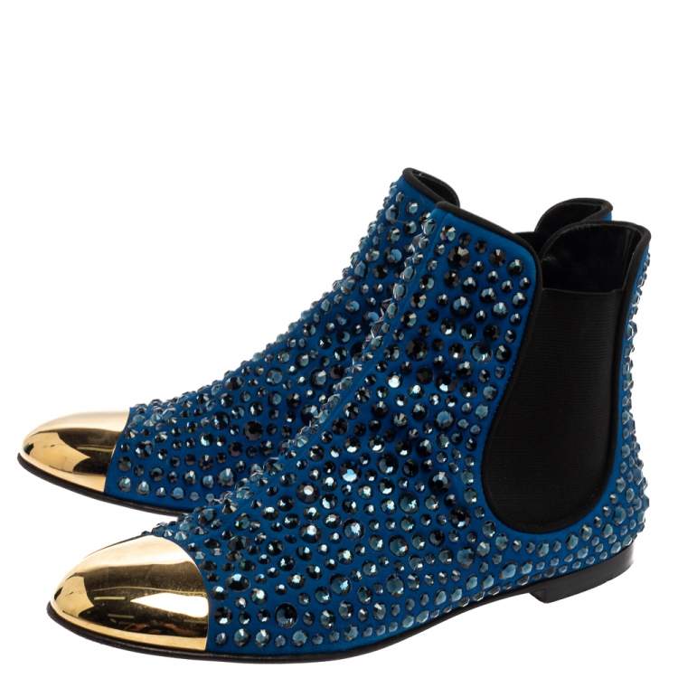 Pre Owned Giuseppe Zanotti Blue/Black Suede Studded Ankle Boots Size 38