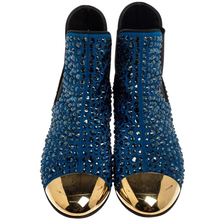 Pre Owned Giuseppe Zanotti Blue/Black Suede Studded Ankle Boots Size 38