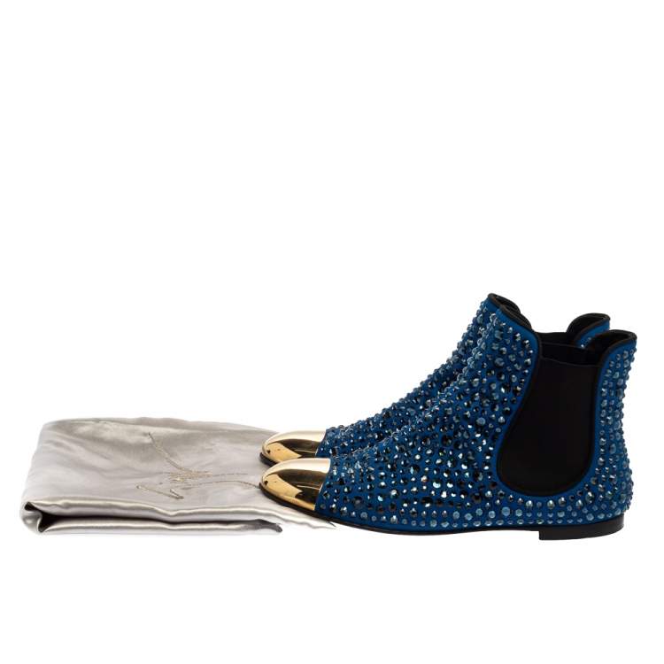 Pre Owned Giuseppe Zanotti Blue/Black Suede Studded Ankle Boots Size 38