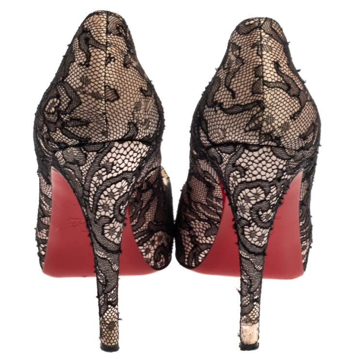 Pre Owned Christian Louboutin Black/Light Pink Lace And Satin Very Prive Peep Toe Platform Pumps Size 37.5