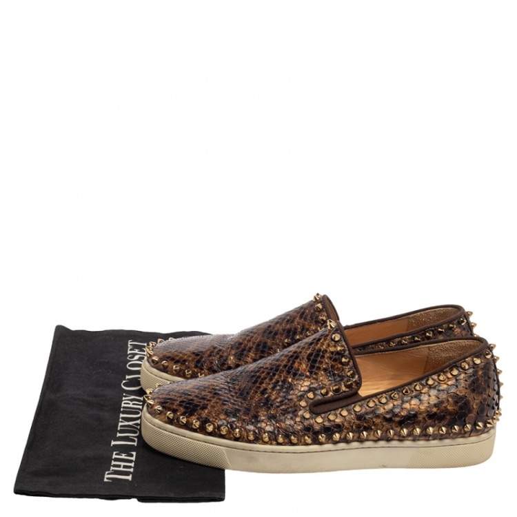 Pre Owned Christian Louboutin Brown Leopard Print Python Pik Boat Slip On Sneakers Size 40