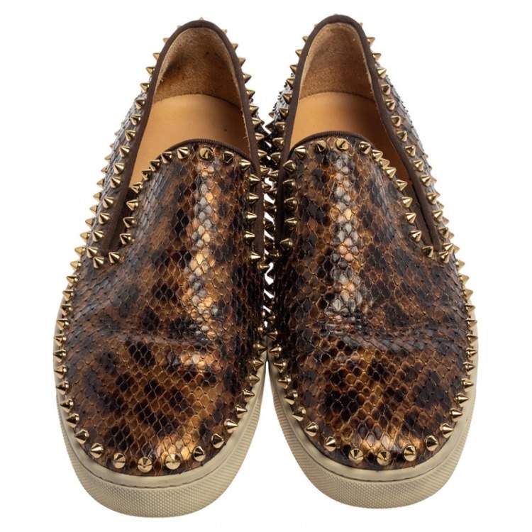 Pre Owned Christian Louboutin Brown Leopard Print Python Pik Boat Slip On Sneakers Size 40