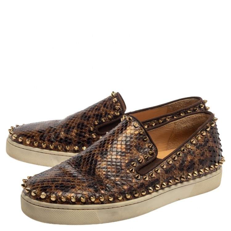 Pre Owned Christian Louboutin Brown Leopard Print Python Pik Boat Slip On Sneakers Size 40