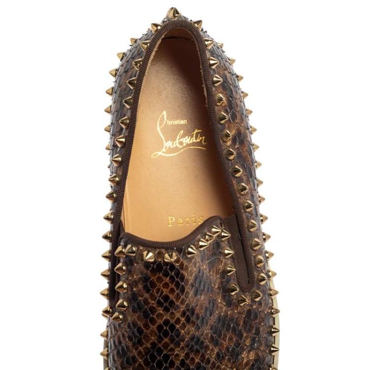Pre Owned Christian Louboutin Brown Leopard Print Python Pik Boat Slip On Sneakers Size 40