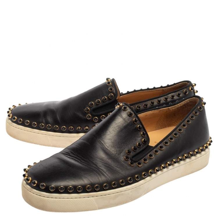 Pre Owned Christian Louboutin Black Leather Spike Pik Boat Slip On Sneakers Size 40