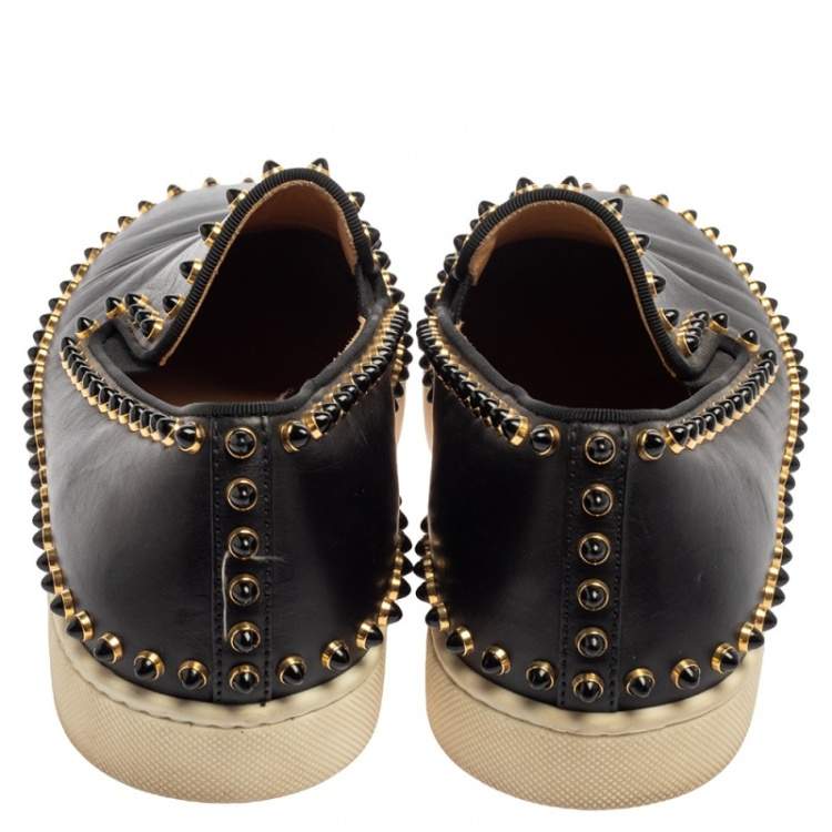Pre Owned Christian Louboutin Black Leather Spike Pik Boat Slip On Sneakers Size 40